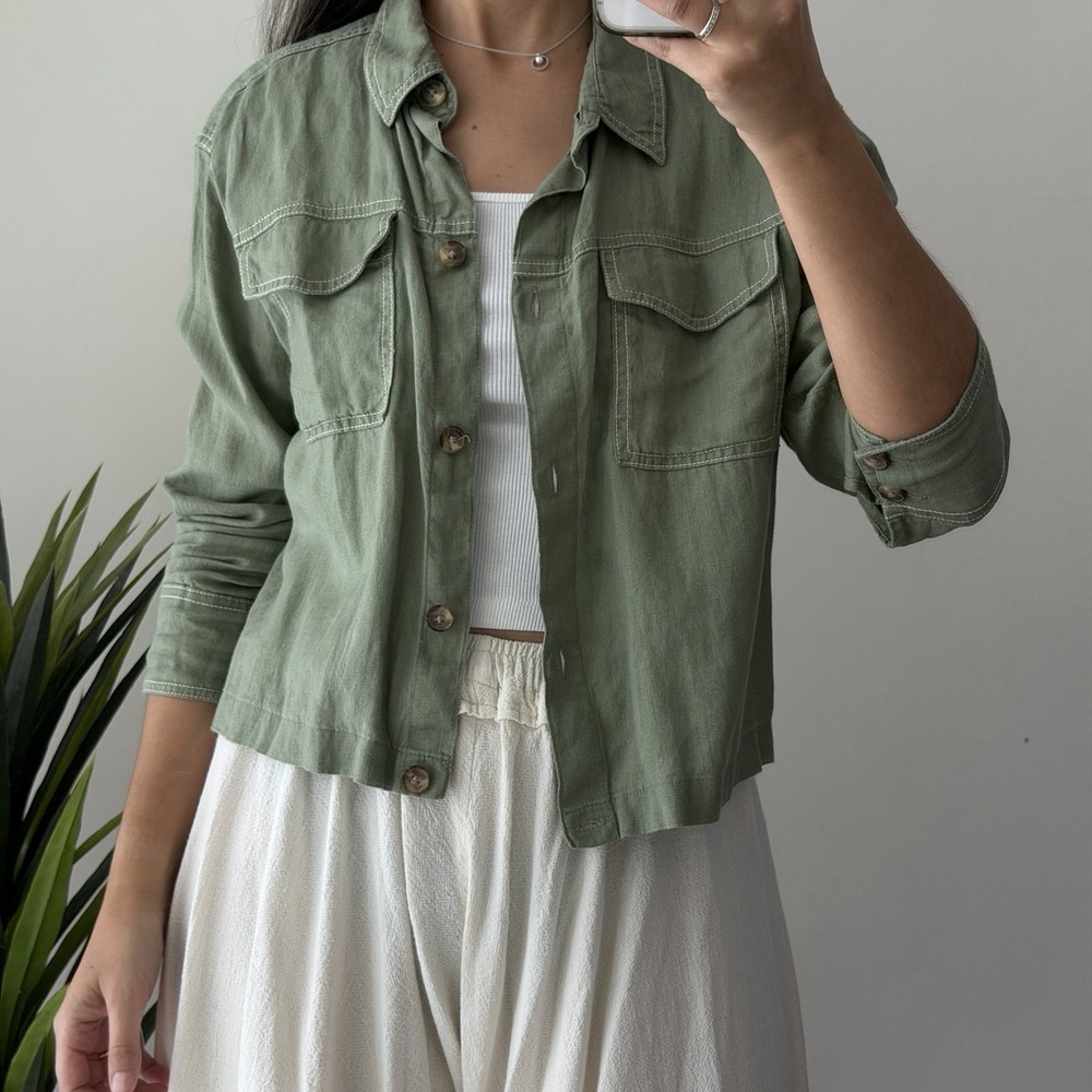 Rachel Zoe Shirt Jacket Medium Green 100% Linen Utility Trucker Button Down Boho